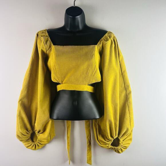 HYFVE Top Cropped Ballon Sleeve Corduroy Smocked Mustard Yellow Tie Back - Picture 1 of 10